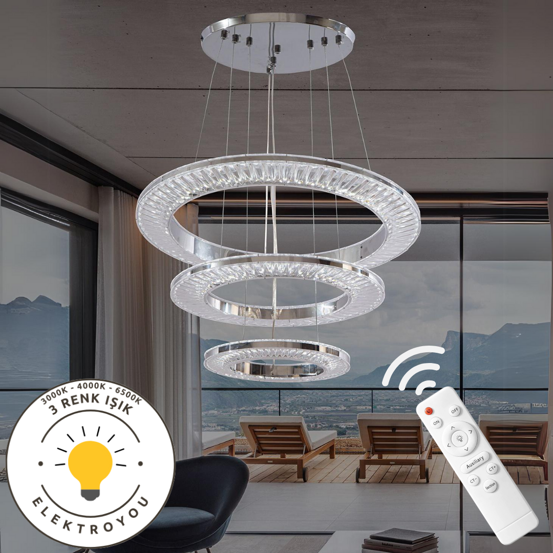 Kristal 3 'lü Sarkıt Krom 3 Renk Işıklı Ultra Ledli Avize – Elektroyou