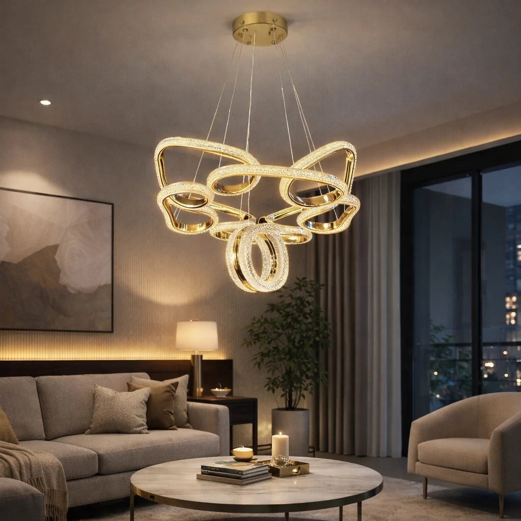Porto Lüks Cristalya Serisi Orjinal Gold Kaplamalı 3 Renk Ledli Sarkıt Ledli Avize Modern Led Avize-Çap 45 cm