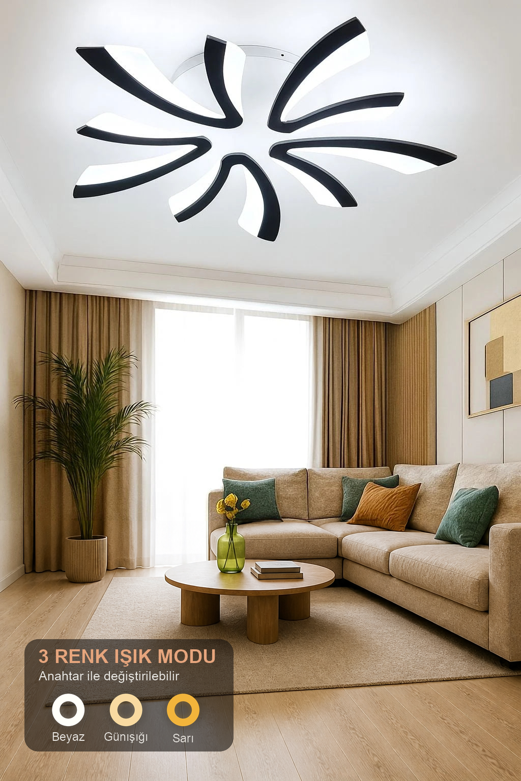 MS59005-5 Modern 3 Renk Ledli Plafonyer Siyah Lüks 5'Lİ Ledli Avize