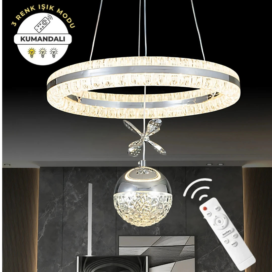 Işıltı Krom Kumandalı 3 Renk Ledli Çift Yönlü Aydınlatmalı Lüks Tasarım Ledli Avize Çap 40 cm Led Avize