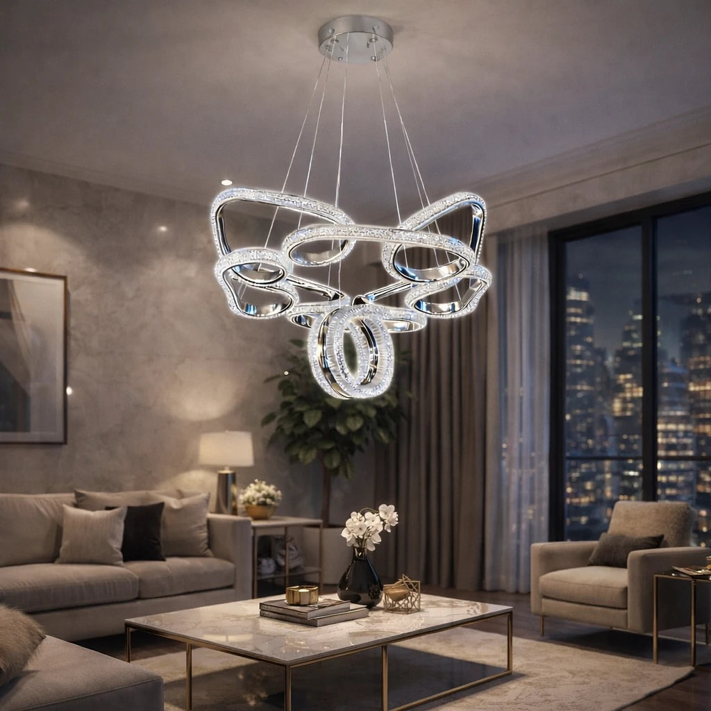 Porto Lüks Cristalya Serisi Orjinal  Krom Kaplamalı 3 Renk Ledli Sarkıt Ledli Avize Modern Led Avize-Çap 45 cm