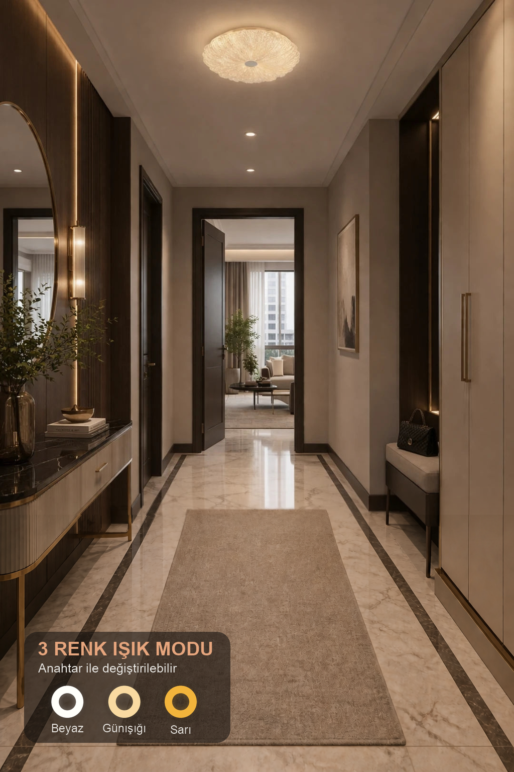 Zarif Serisi 26'Lık Yuvarlak Plafonyer 3 Renk Ledli Hol Antre Koridor Banyo Balkon Avizesi Ledli Avize Armatür - Çap 26 cm