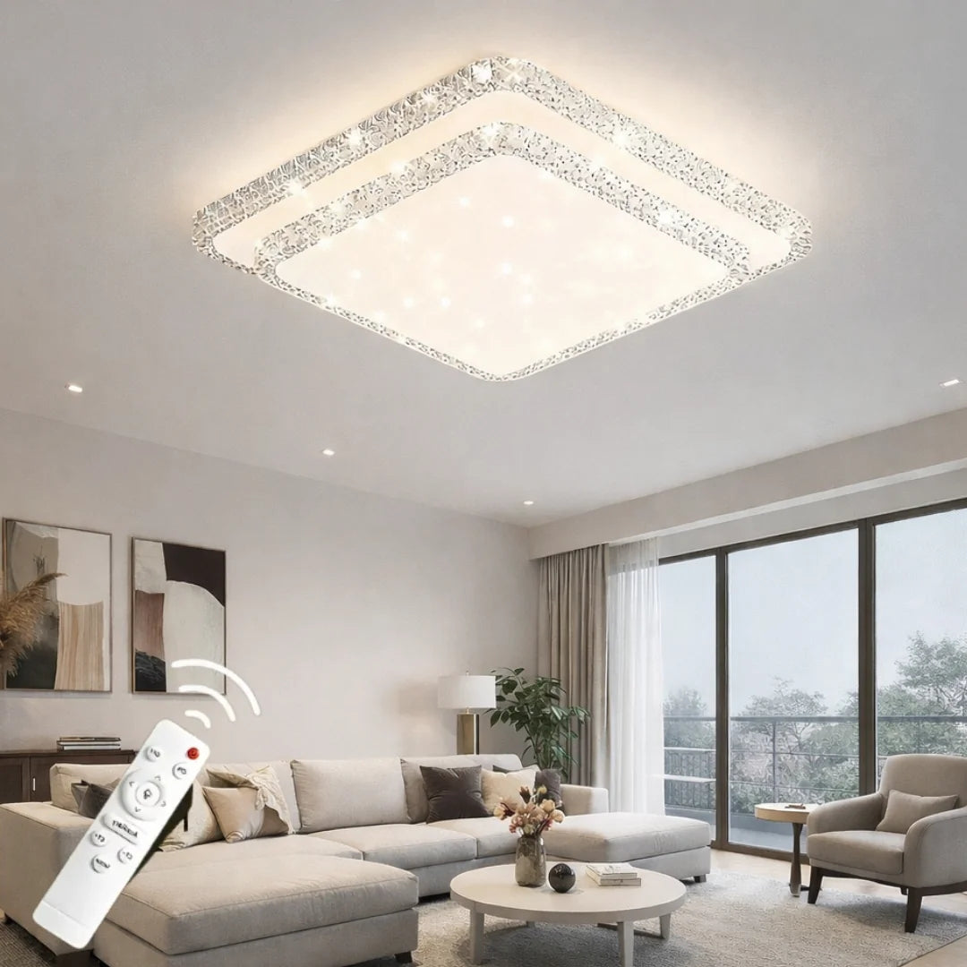 Havana Cristalya Serisi 60'Lık 2 Katlı Kare Uzaktan Kumandalı Dimmerli 3 Renk Ledli Plafonyer Ledli Avize Çap 60 cm