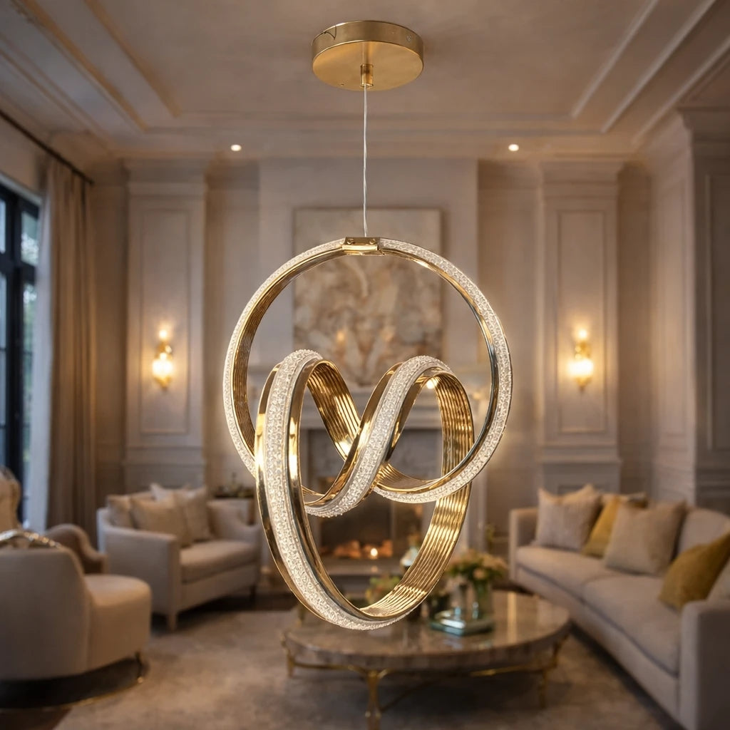 Perla Premium Lüks Cristalya Serisi Gold Kaplamalı Premium Kalın Çizgili Kasalı 3 Renk Ledli Sarkık Ledli Avize Modern Led Avize