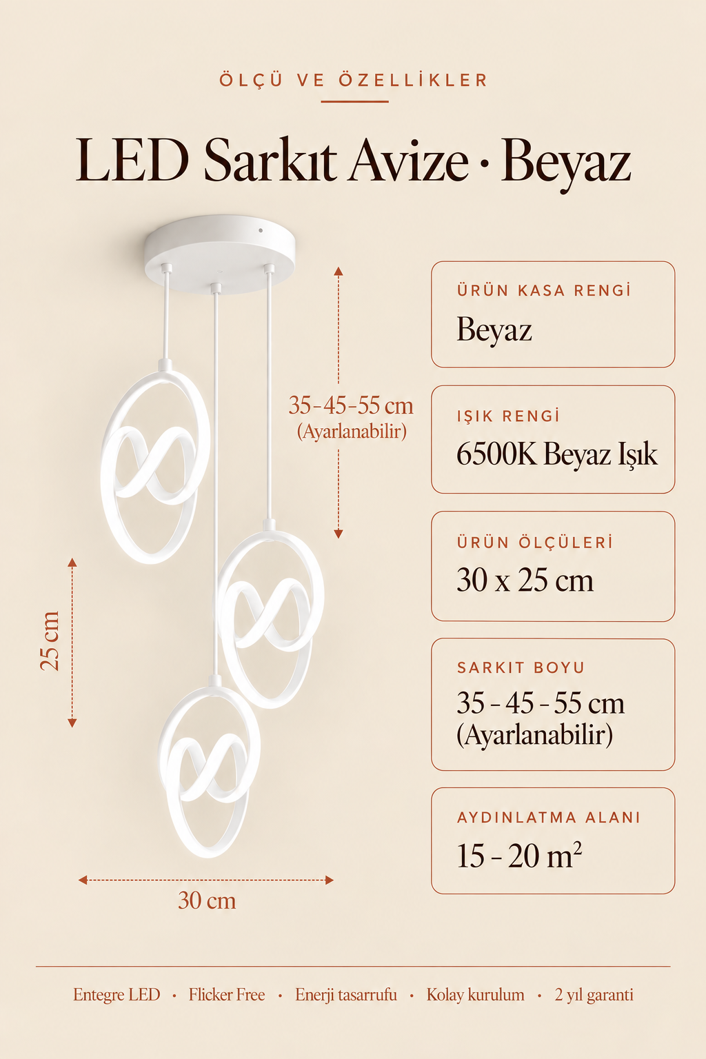 Trend 3'Lü Beyaz Sarkık Power Beyaz Ledli Avize Modern Led Avize