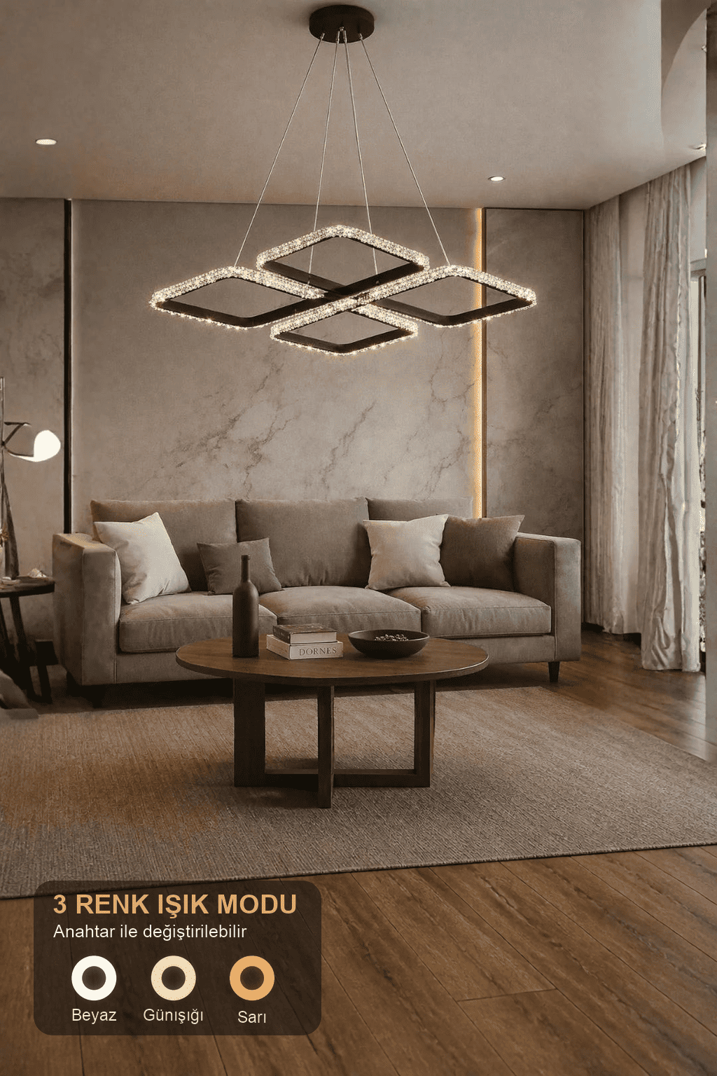 Neva Cristalya Serisi Siyah 3 Renk Ledli Sarkık Ledli Avize Modern Led Avize-Çap 50 cm