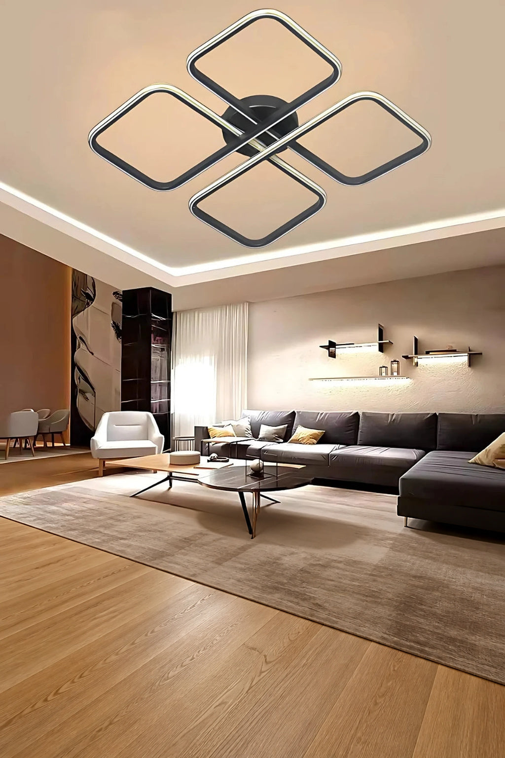 Asel Siyah  Modern Tasarım Gold Çizgili Plafonyer Ultra Power Beyaz Ledli Avize