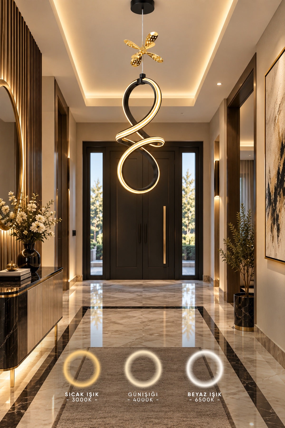 Badem Siyah Gold Çizgili 3 Renk Kelebek Detaylı Sarkıt Led Avize