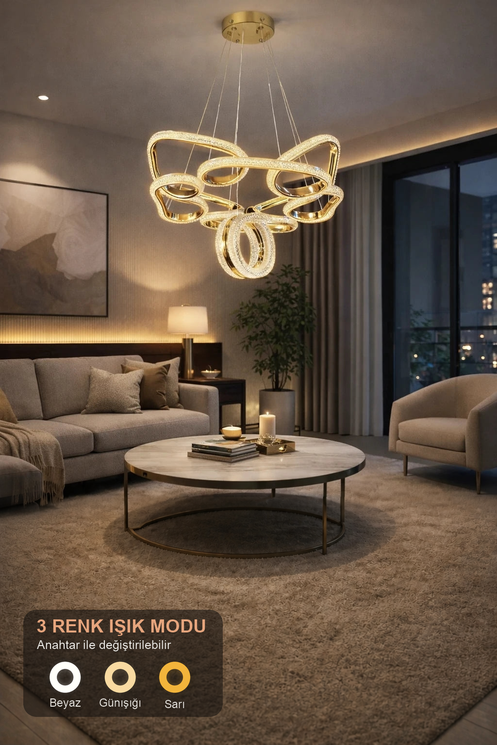 Porto Lüks Cristalya Serisi Orjinal Gold Kaplamalı 3 Renk Ledli Sarkıt Ledli Avize Modern Led Avize-Çap 45 cm