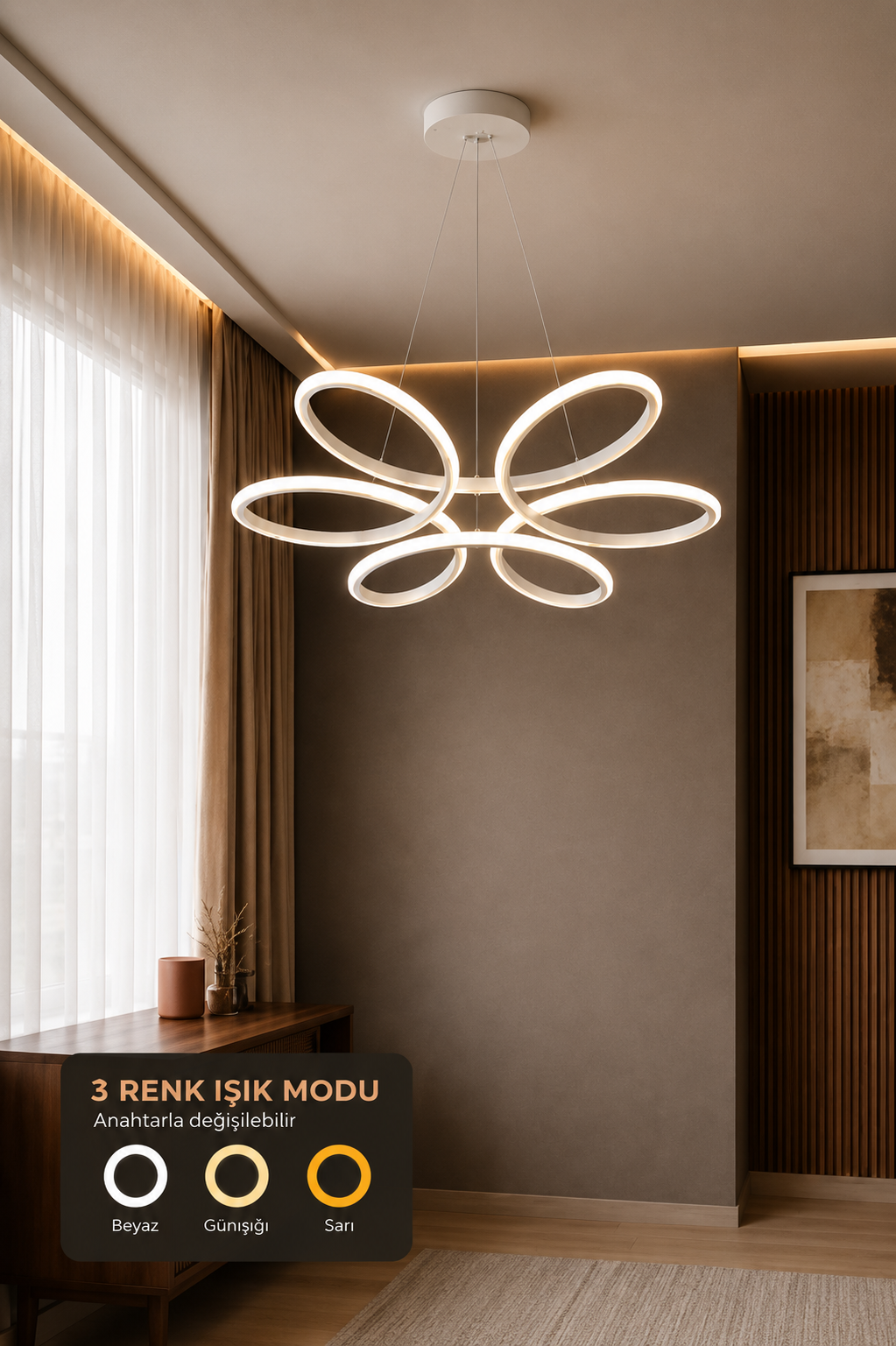 Nipul Beyaz Sarkıt Modern Ultra Süper 3 Renk Işıklı Ledli Avize