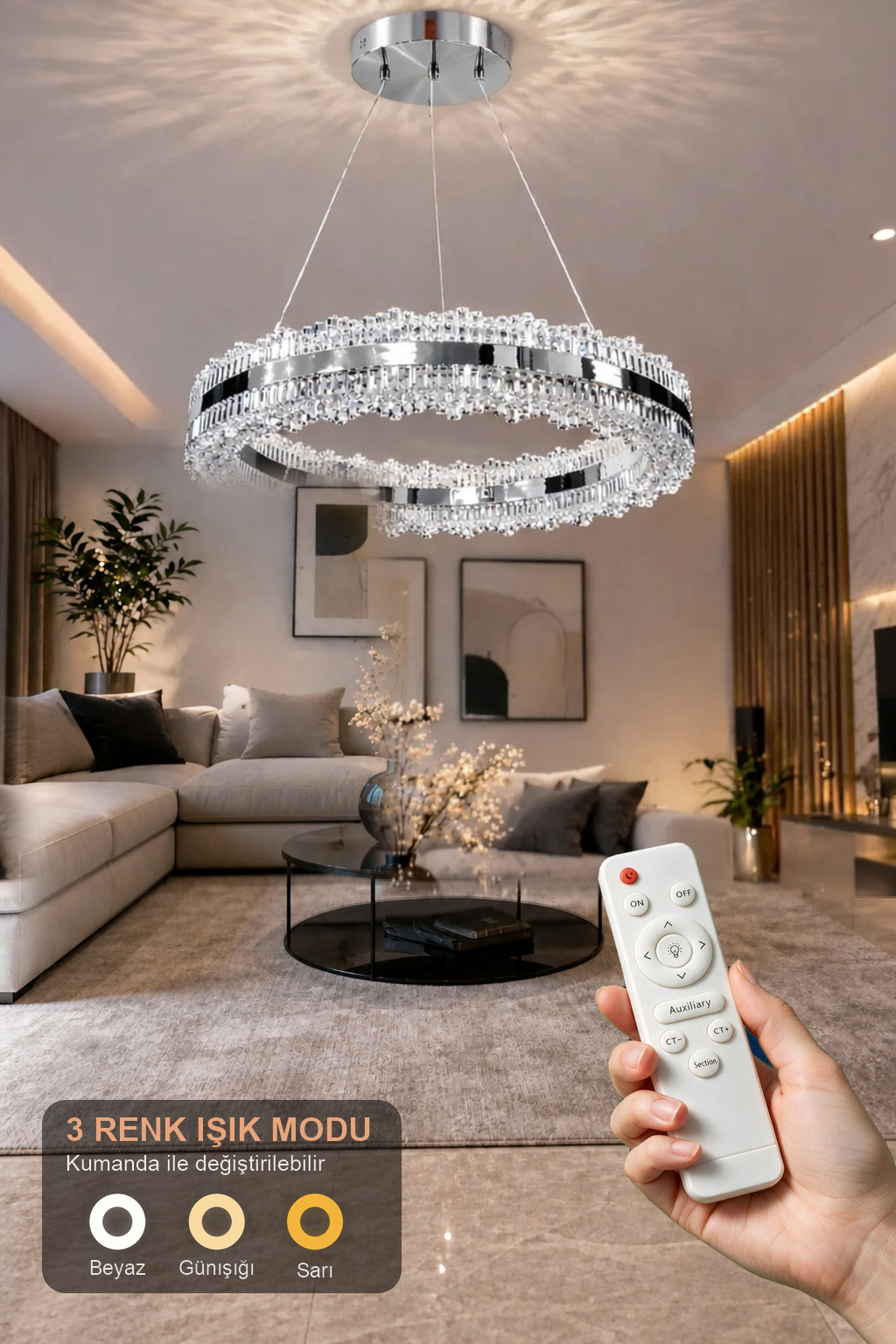 Asalet Lüks Krom Kaplamalı Çift Yönlü Aydınlatmalı Kumandalı Dimmerli 3 Renk Ledli Avize Led Avize- Çap 40 cm