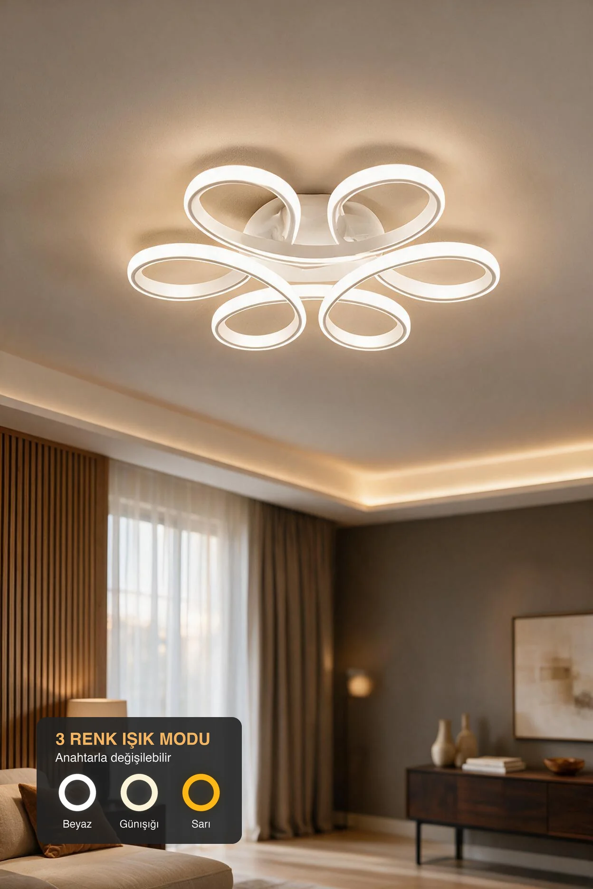 Papatya Beyaz Plafonyer 3 Renk Ledli Avize Modern Led Avize  - Çap 40 cm