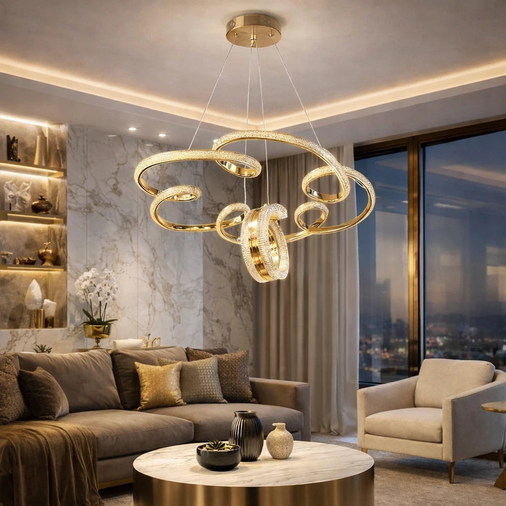 Platin Lüks Cristalya Serisi Orjinal Gold Kaplamalı 3 Renk Ledli Sarkıt Ledli Avize Modern Led Avize-Çap 50 cm