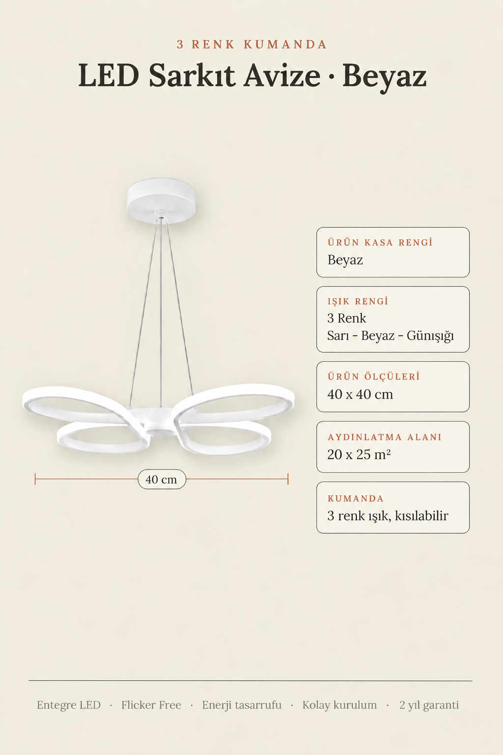 Papillon Beyaz Sarkık 3 Renk Ledli Avize Modern Led Avize