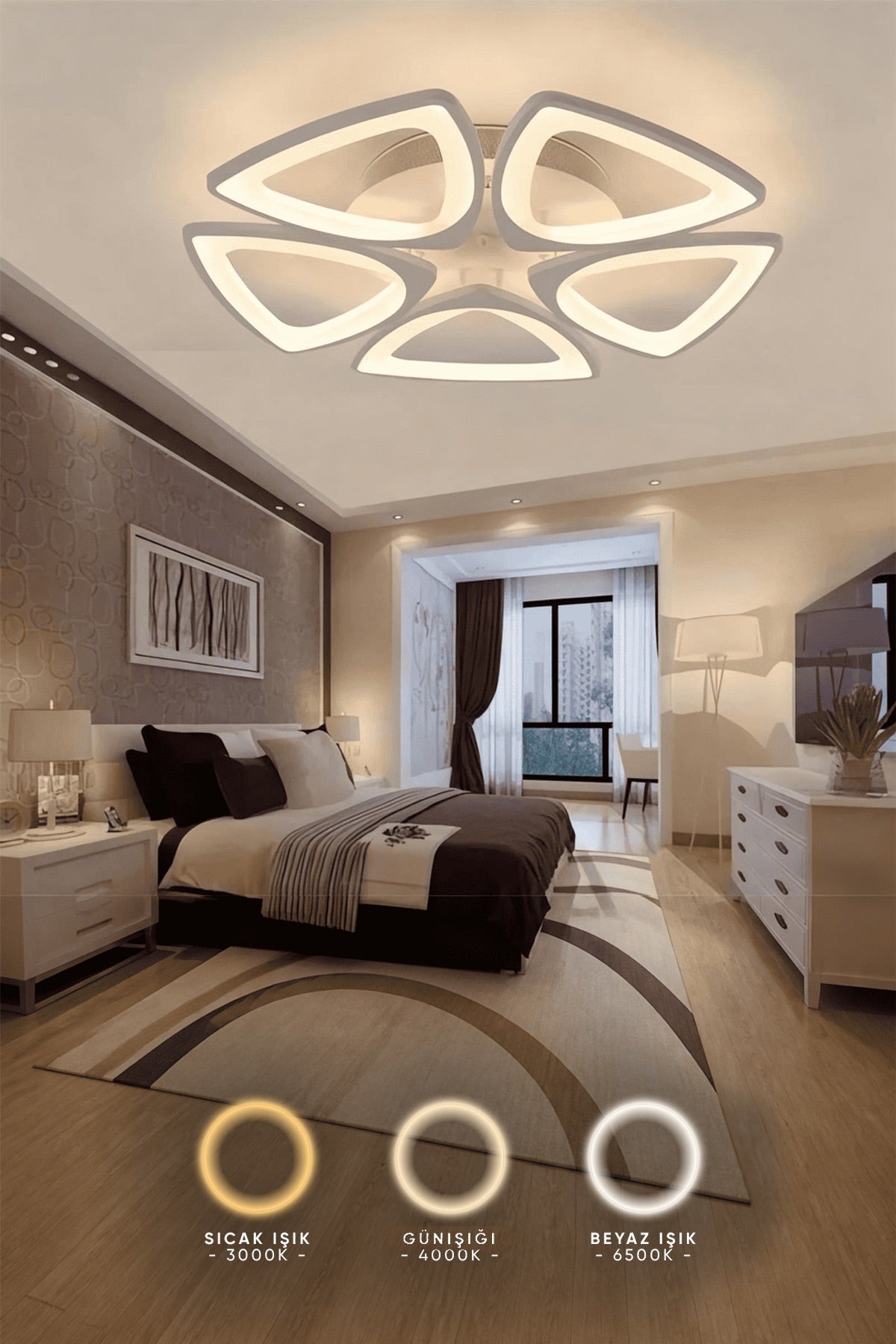 MS55005-5 Beyaz 3 Renk Ledli Plafonyer Lüks Modern 5'li Avize Ledli Avize
