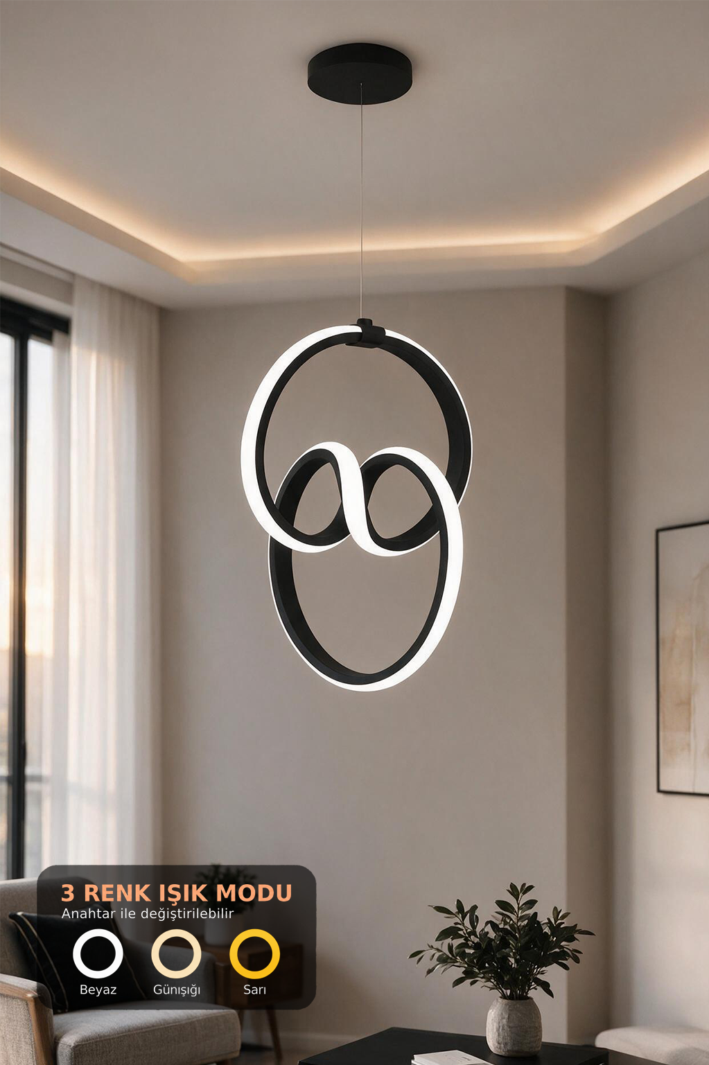 Trend Siyah 3 Renk Ledli Avize Sarkık Modern Led Avize Oturma Odası Hol Antre Koridor Avizesi