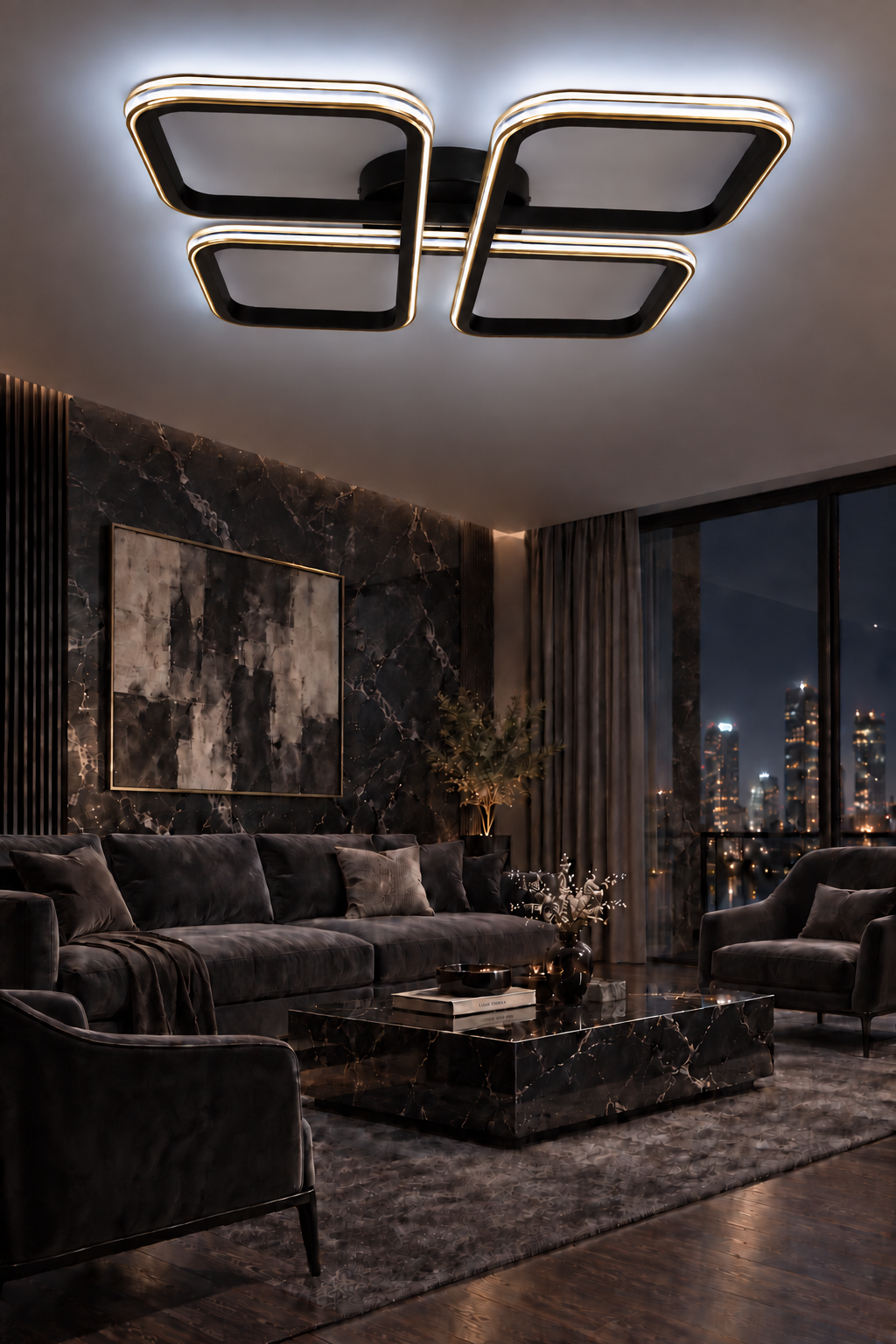 Riva Siyah Gold Çizgili 3 Renk Plafonyer  Led Avize