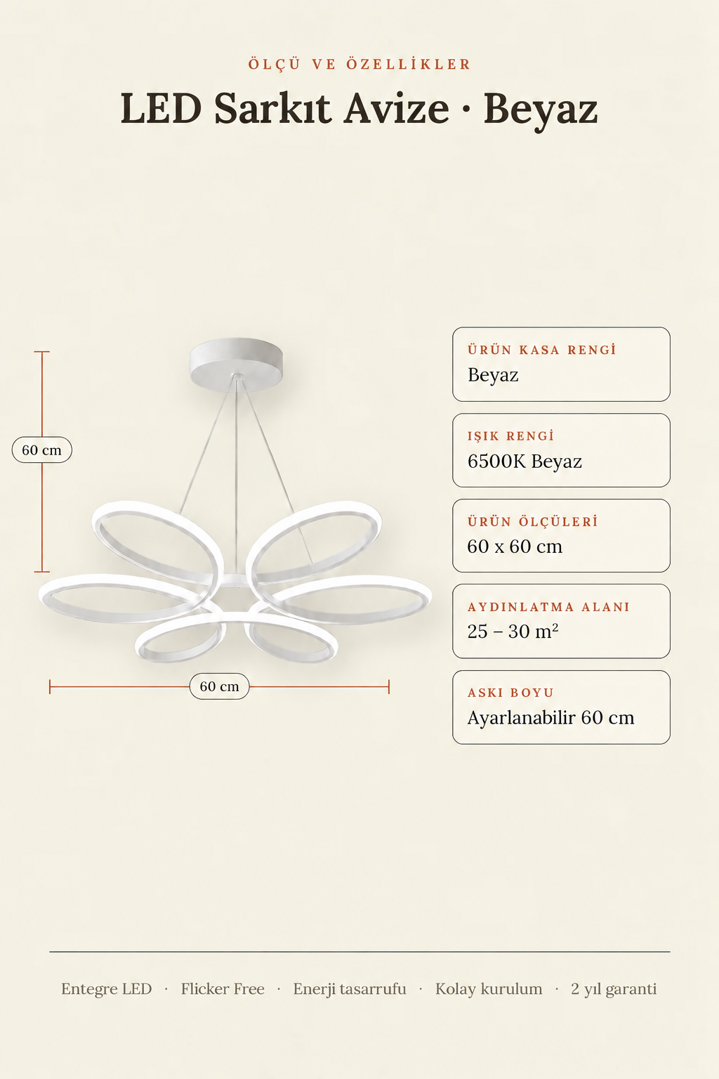 Lupin Beyaz Sarkık Power Beyaz Ledli Avize Modern Led Avize-Çap 60 cm