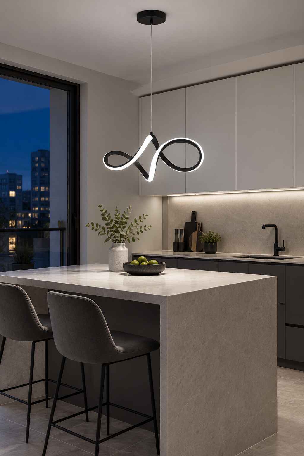 Casabella Mimari Tasarım Siyah Sarkık Modern Ultra Power Beyaz Ledli Avize
