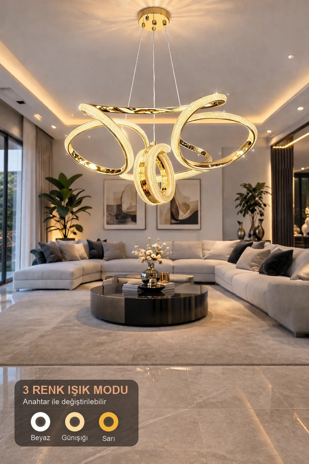 Monza Lüks Cristalya Serisi Gold Kaplamalı 3 Renk Ledli Sarkıt Ledli Avize Modern Led Avize-Çap 45 cm