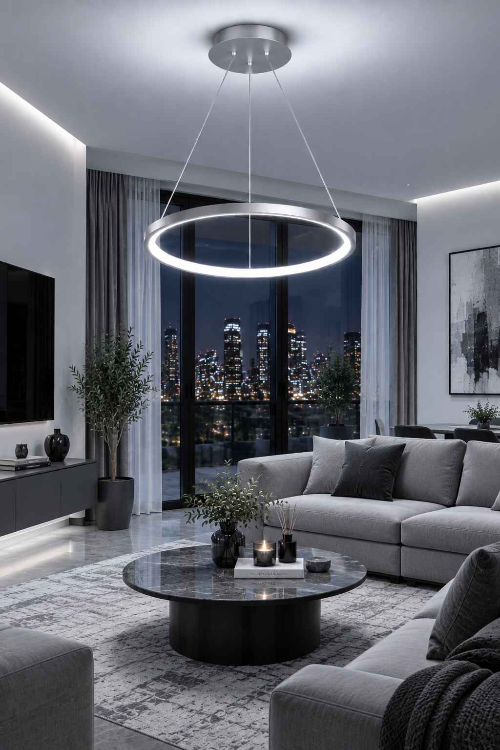 Ringa Krom Gri Beyaz Işık Modern Tasarım Led Avize