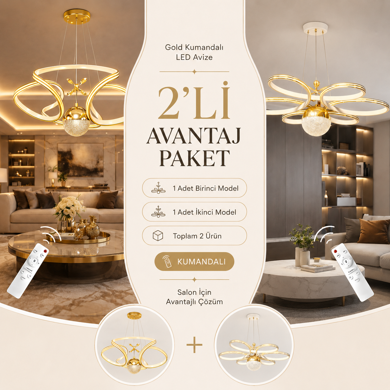 2'li Avantaj Paket - Calista + Luxury Gold Detaylı 3 Renk Işık Kumandalı Led Avize Seti