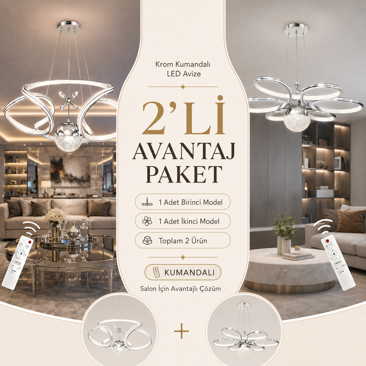 2'li Avantaj Paket - Calista + Luxury Krom Detaylı 3 Renk Işık Kumandalı Led Avize Seti