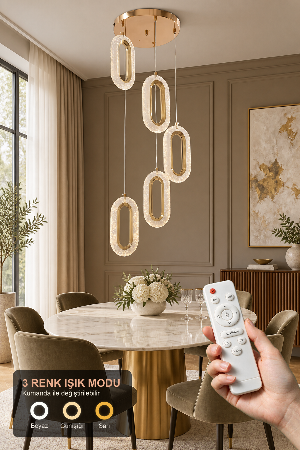 Eleni Gold 5'li Lüks Kumandalı Dimmerli 3 Renk Ledli Avize Modern Led Avize