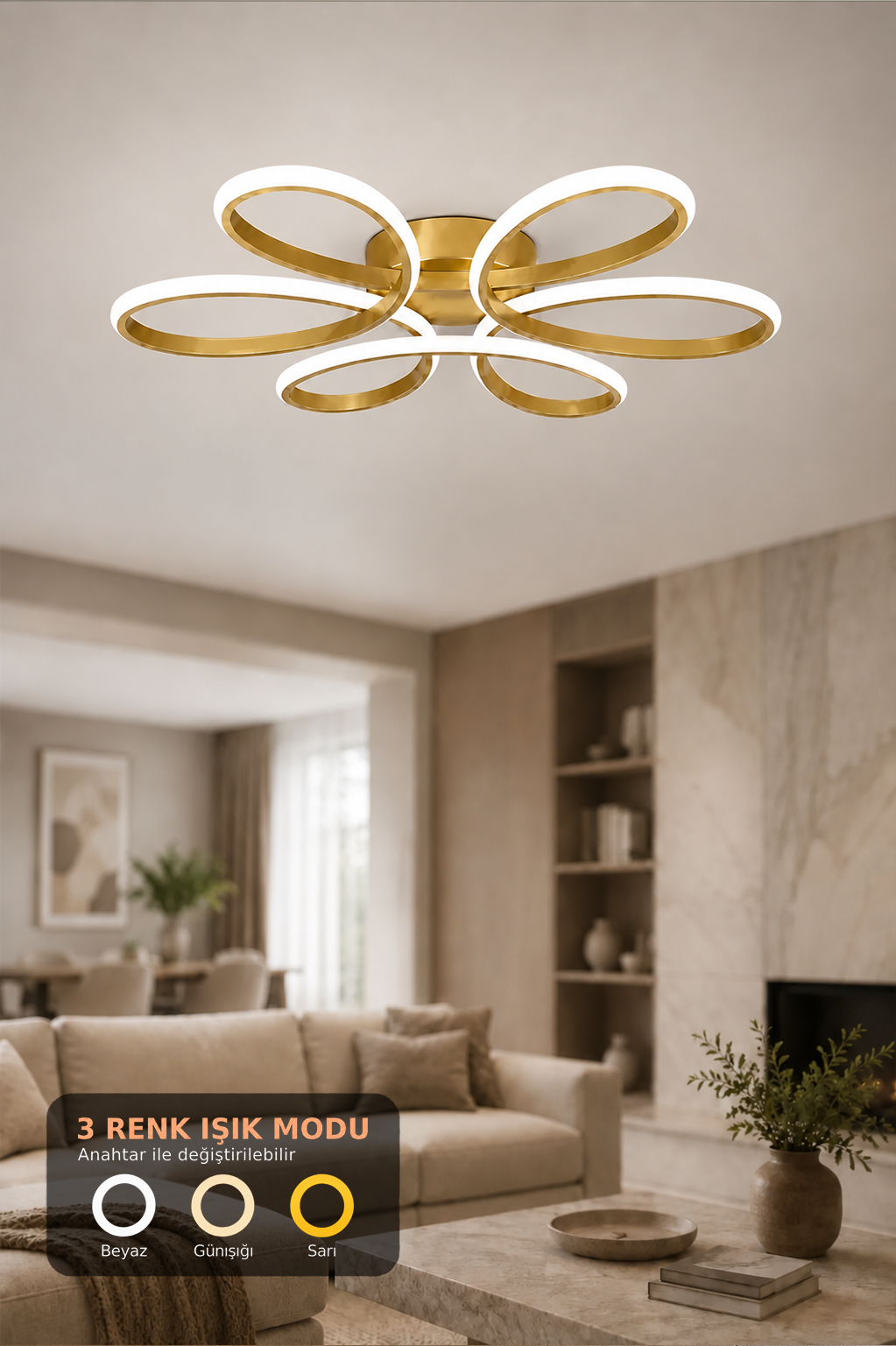 Alya Eskitme 3 Renk 60 cm Plafonyer Led Avize