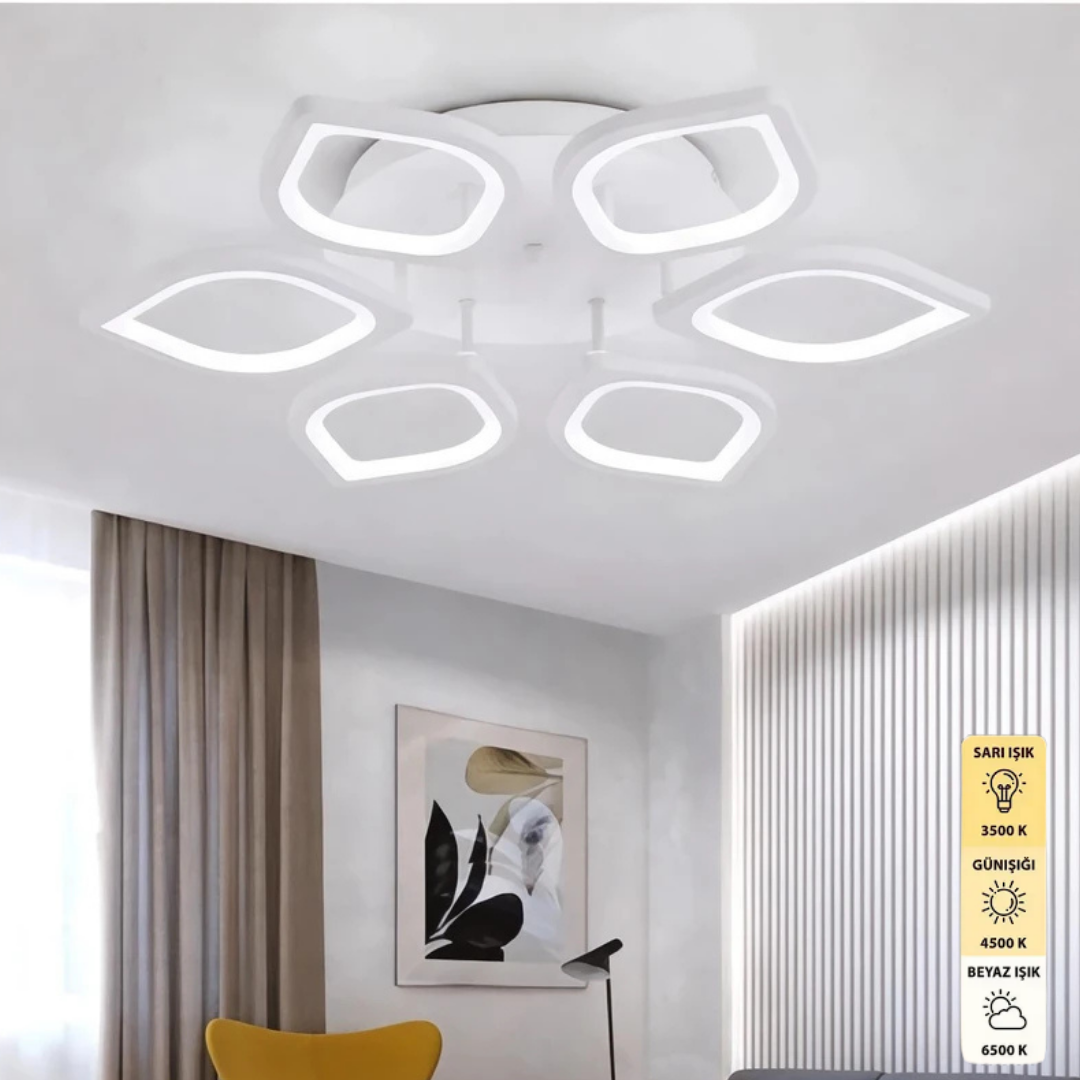 Daphne 6'lı Beyaz Plafonyer Lüks Modern 3 Renk Ledli Avize