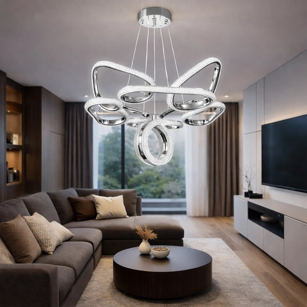 Porto Lüks Cristalya Serisi Orjinal  Krom Kaplamalı 3 Renk Ledli Sarkıt Ledli Avize Modern Led Avize-Çap 45 cm