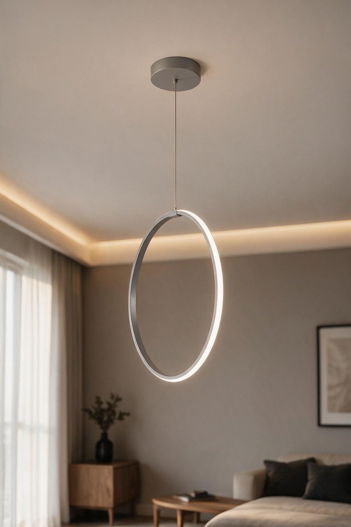 Rings Gri Tekli Sarkıt Led Beyaz Işık Ultra Ledli Salon Mutfak Oda Hol Ledli Avize