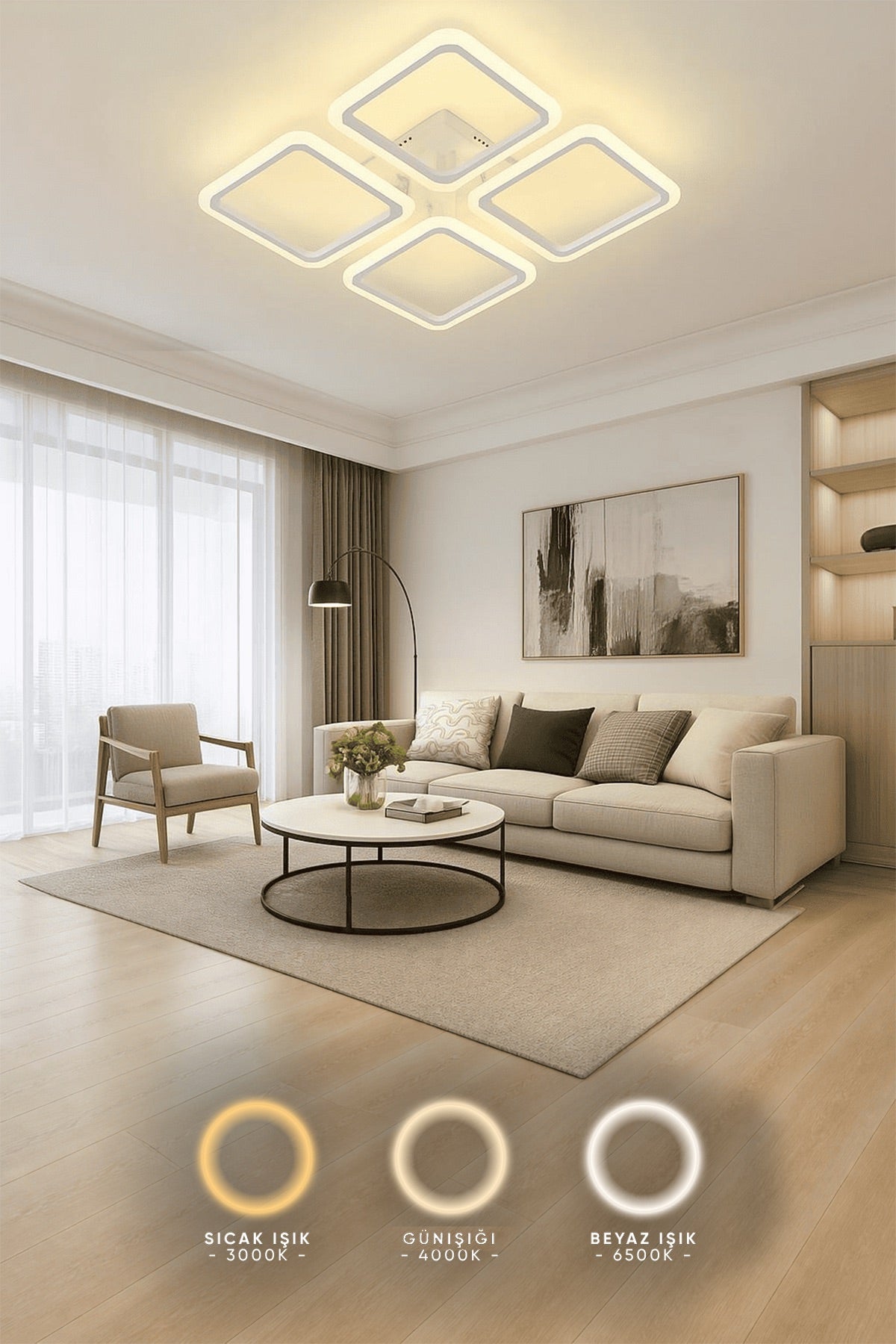 MS73005-4 Modern 3 Renk Ledli  Beyaz Plafonyer Lüks Modern 4'lü Ledli Avize