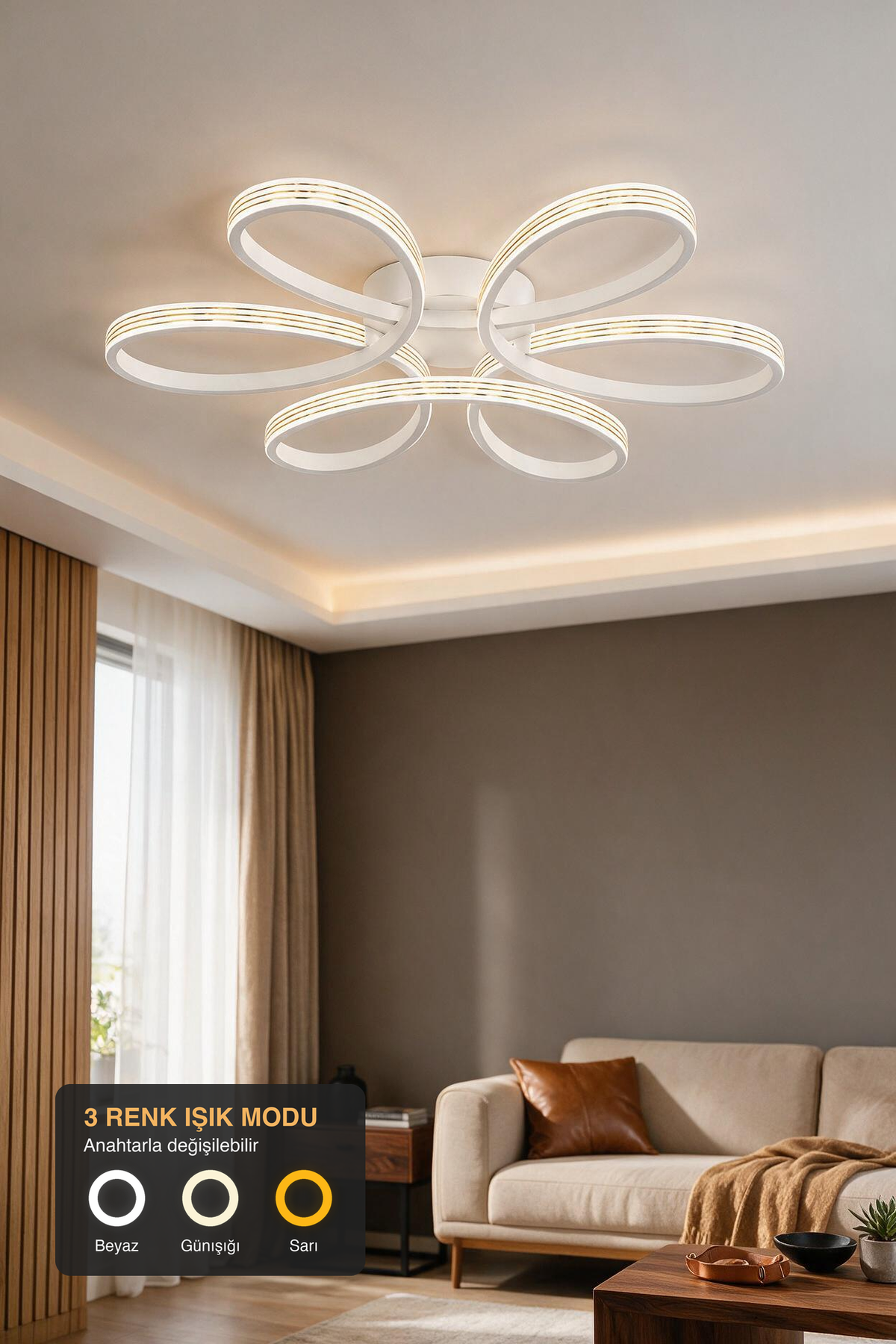 Lupinella Beyaz Gold Çizgili 3 Renk 60 cm Led Avize