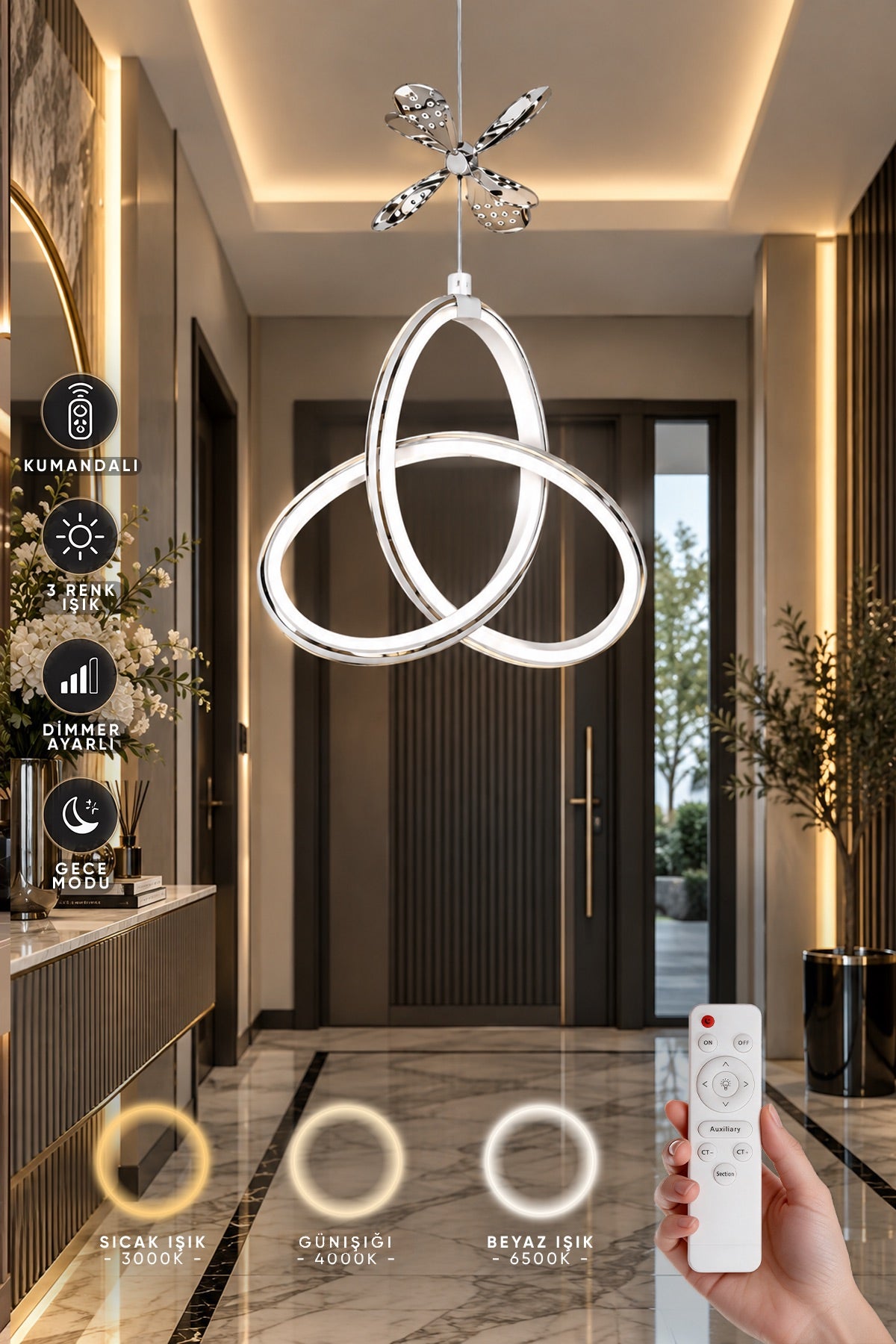 Yonca Beyaz Kumandalı 3 Renk Dimmerli LED Krom Çizgili Krom Kelebek Detaylı Sarkıt Avize