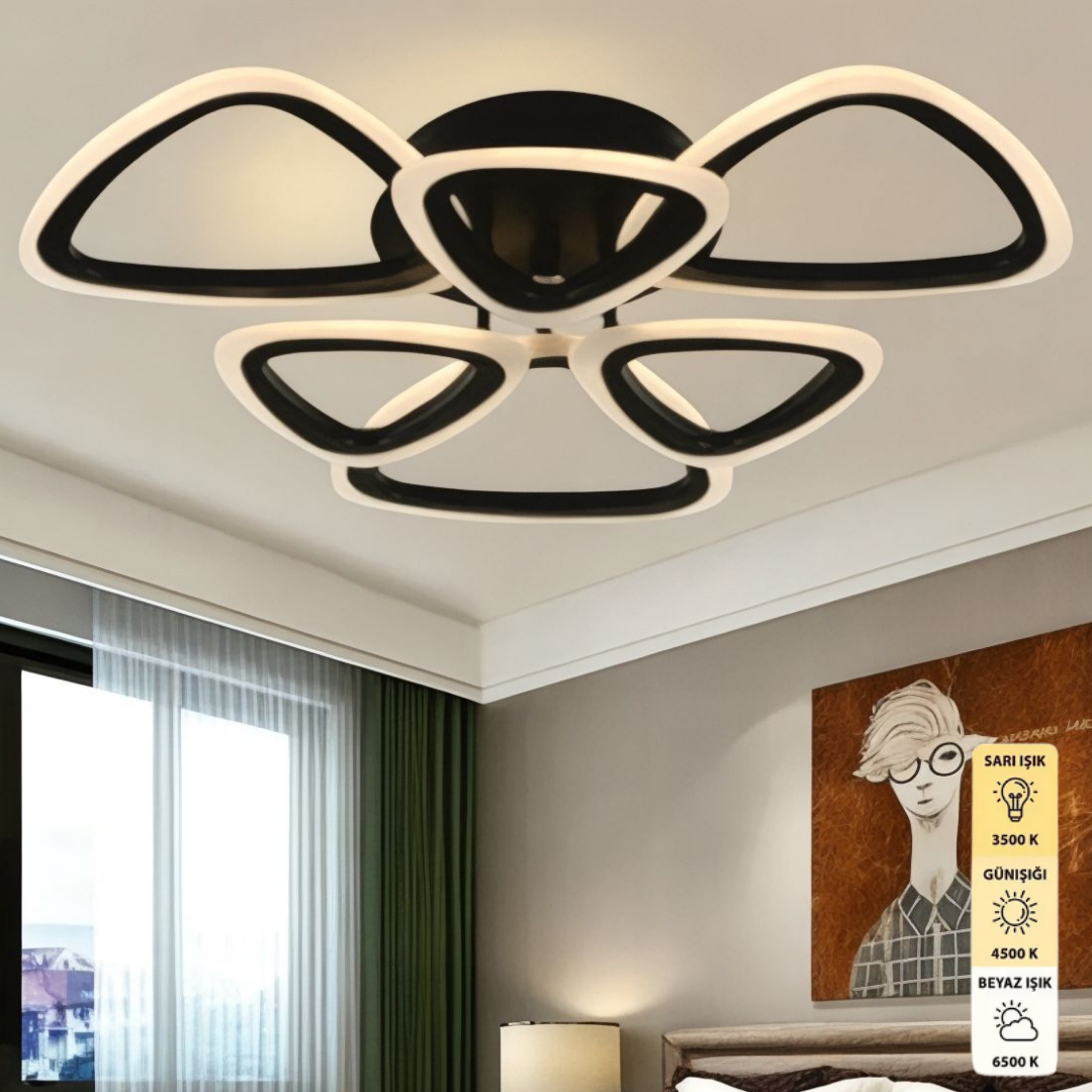 Ophelia 6'lı Siyah Plafonyer Modern 3 Renk Ledli Avize