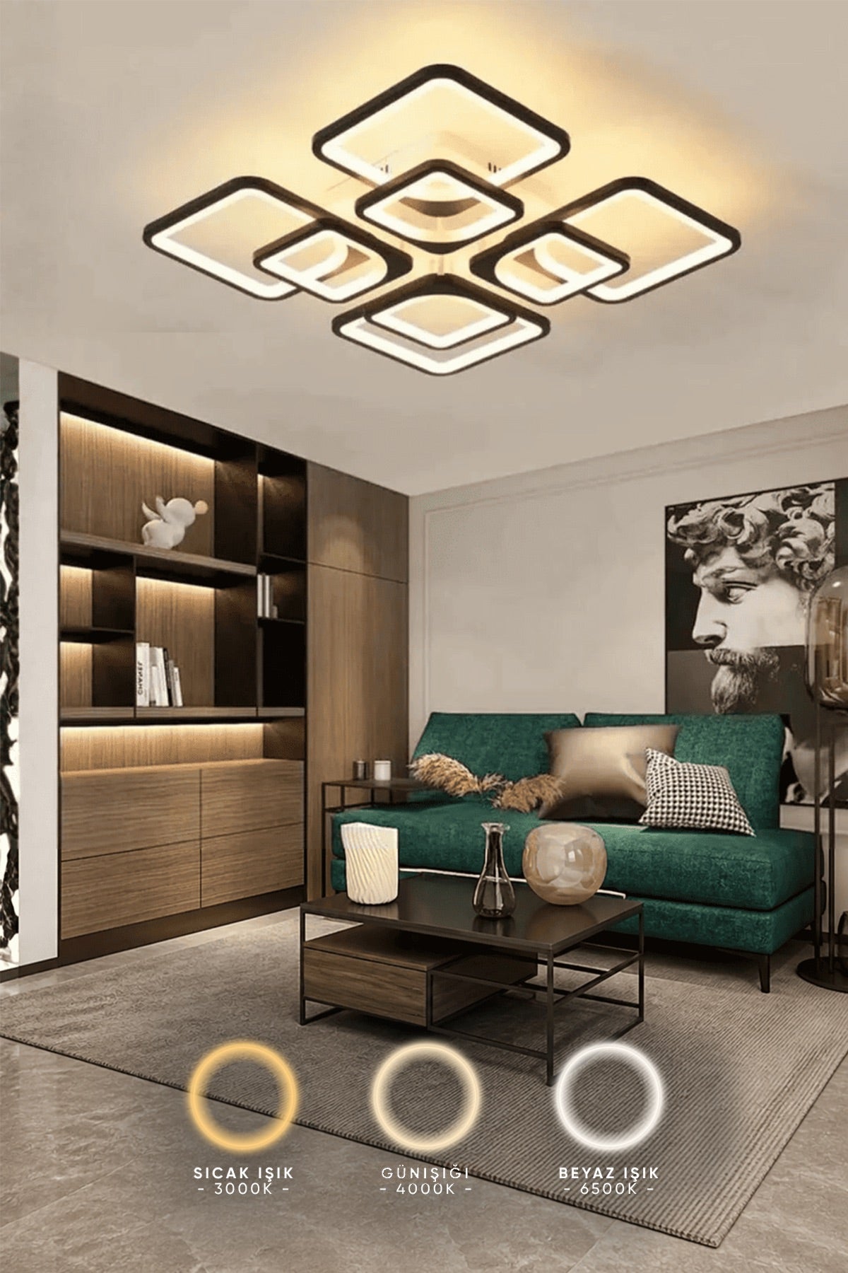 MS72005- 4+4 Modern 3 Renk Ledli Mimari Tasarım Siyah Plafonyer Lüks 8'Lİ  Ledli Avize