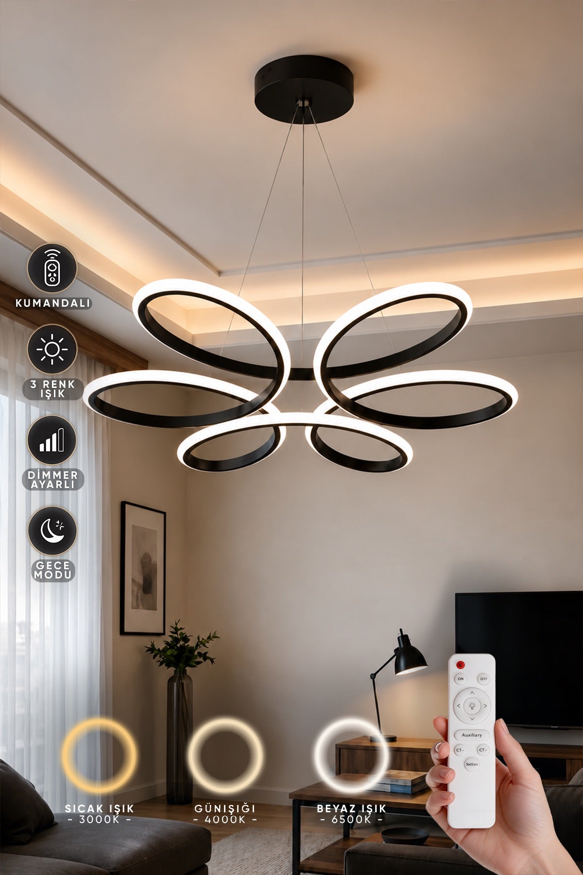 Lupin Siyah Sarkık Kumandalı 3 Renk Ledli Dimmerli Sarkıt Modern Ledli Avize-Çap 60 cm