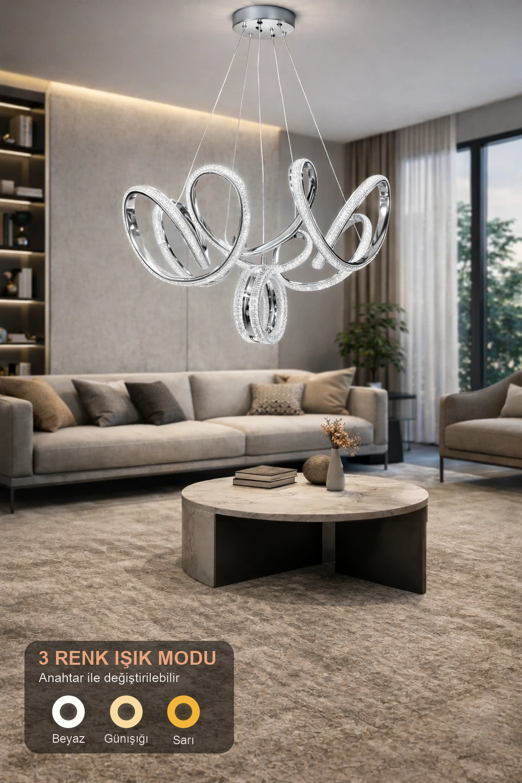 Prestij Lüks Cristalya Serisi Orjinal Krom Kaplamalı 3 Renk Ledli Sarkıt Ledli Avize Modern Led Avize-Çap 50 cm