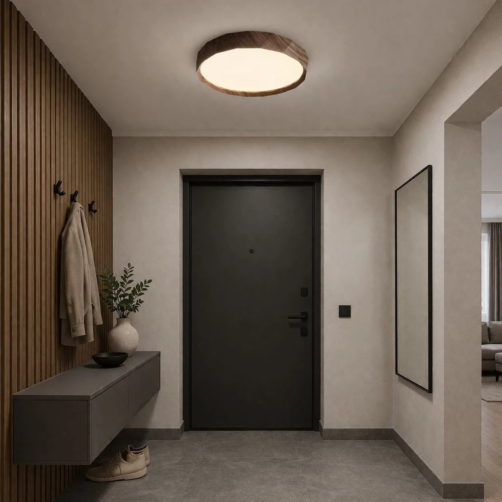 Antik Burma 26'Lık Koyu Ceviz Ahşap Desenli Plafonyer 3 Renk Ledli Hol  Antre Koridor Banyo Balkon Avizesi Ledli Avize Armatür - Çap 26 cm