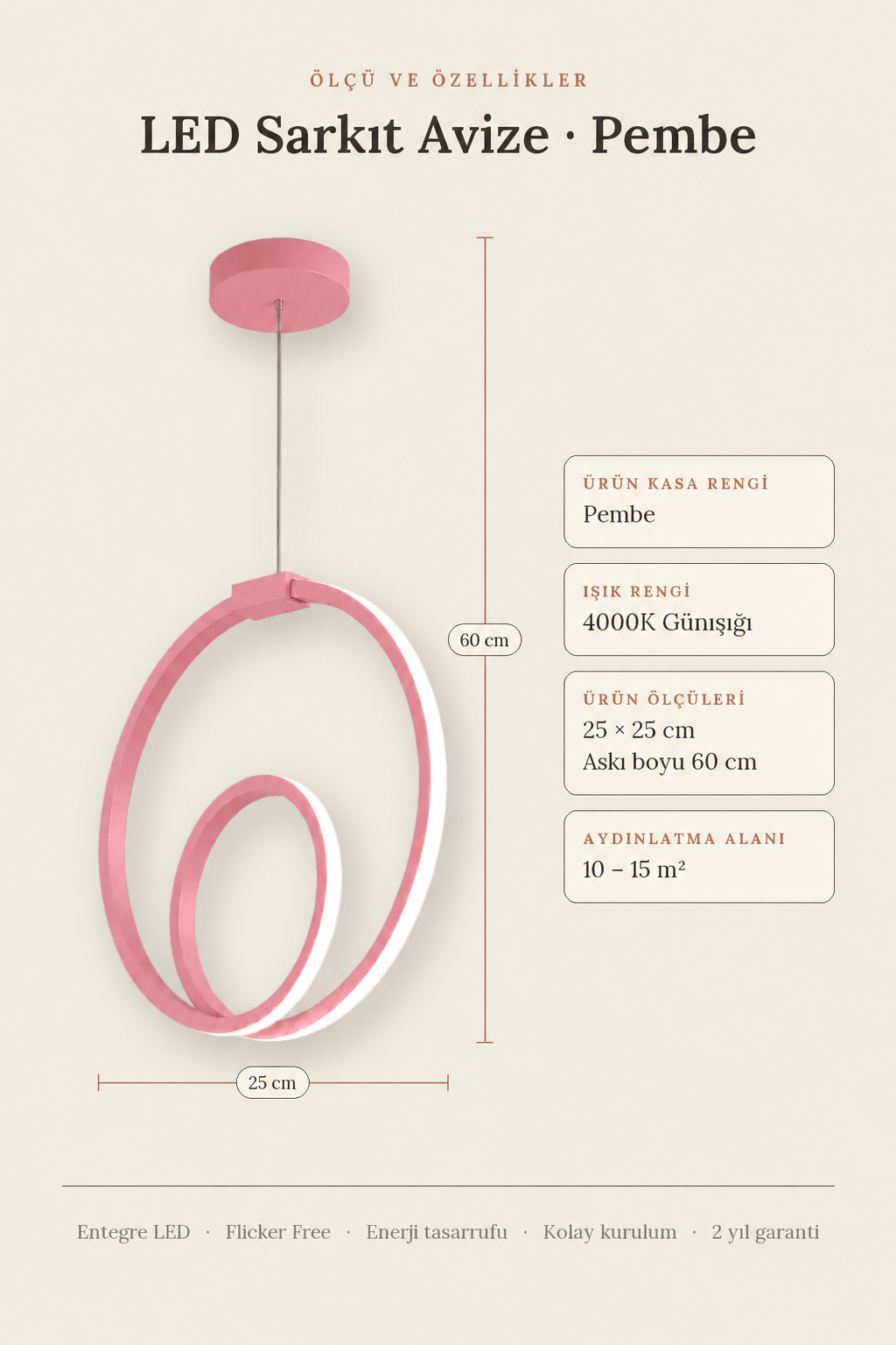 Orjin Pembe Tekli Sarkıt Led Günışığı Ultra Ledli Salon Mutfak Oda Hol Ledli Avize
