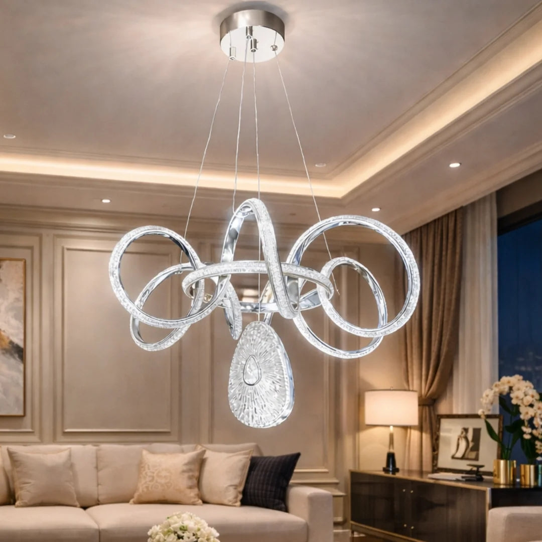 Panama Lüks Cristalya Serisi Orjinal Krom Kaplamalı 3 Renk Ledli Sarkıt Ledli Avize Modern Led Avize-Çap 50 cm
