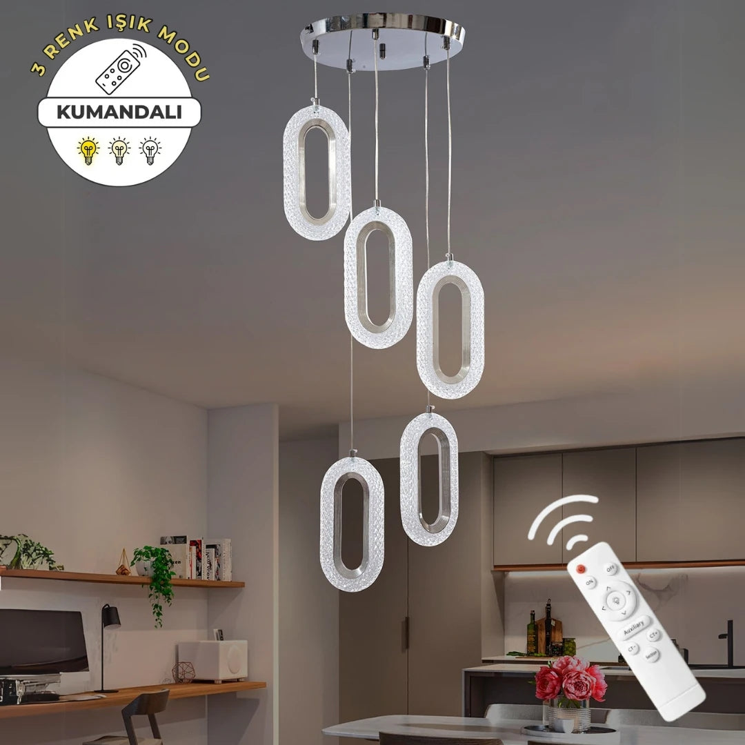 Eleni Krom 5'li Lüks Kumandalı Dimmerli 3 Renk Ledli Avize Modern Led Avize