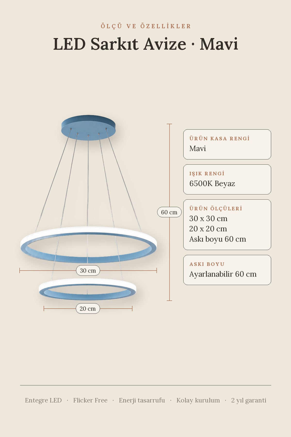 Robin 2 'li Mavi Sarkıt Beyaz Ledli Modern Led Avize