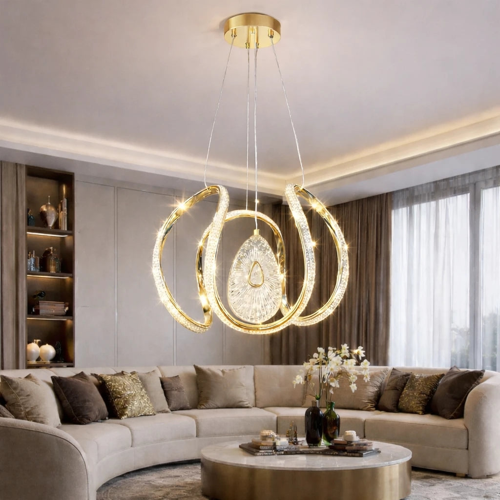 Paris Lüks Cristalya Serisi Orjinal Gold Kaplamalı 3 Renk Ledli Sarkıt Ledli Avize Modern Led Avize-Çap 30 cm