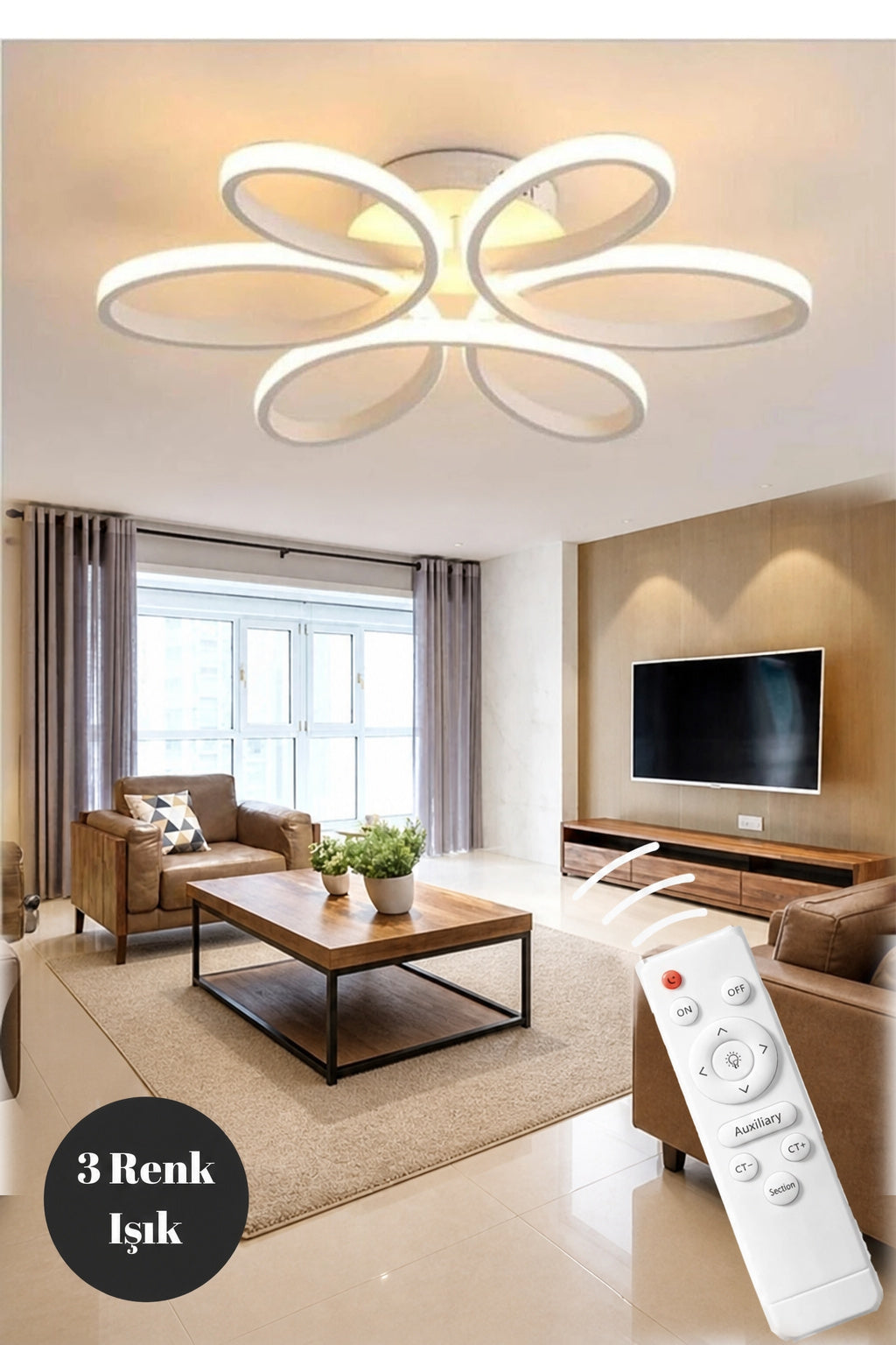 Star Beyaz Kumandalı 3 Renk Ledli Dimmerli Plafonyer Modern Ledli Avize