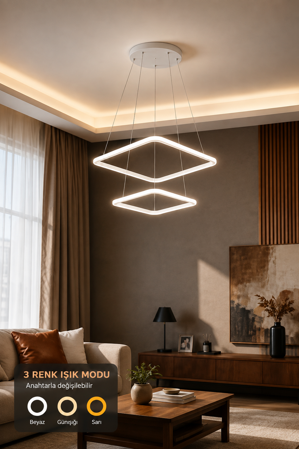 Maria Beyaz Kare 3 Renk Ledli Avize Sarkık 2'Li Ledli Avize Modern Led Avize