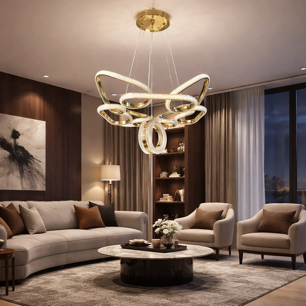 Porto Lüks Cristalya Serisi Orjinal Gold Kaplamalı 3 Renk Ledli Sarkıt Ledli Avize Modern Led Avize-Çap 45 cm