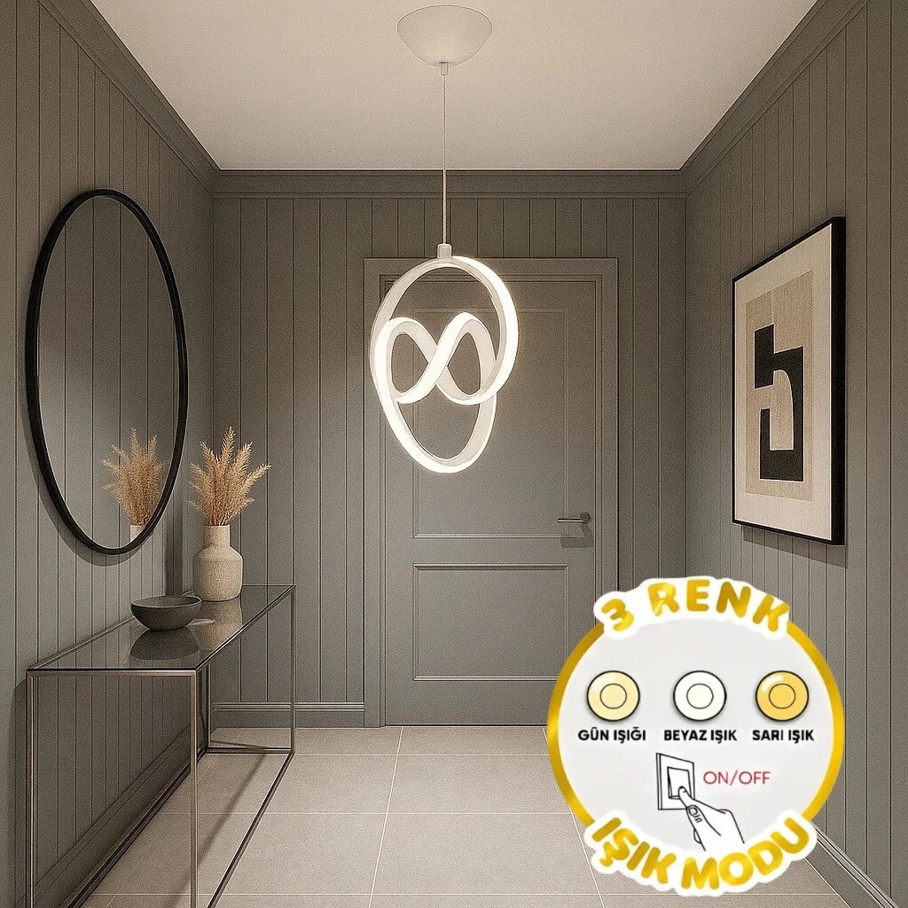Trend Beyaz 3 Renk Ledli Avize Sarkık Modern Led Avize Oturma Odası Hol Antre Koridor Avizesi