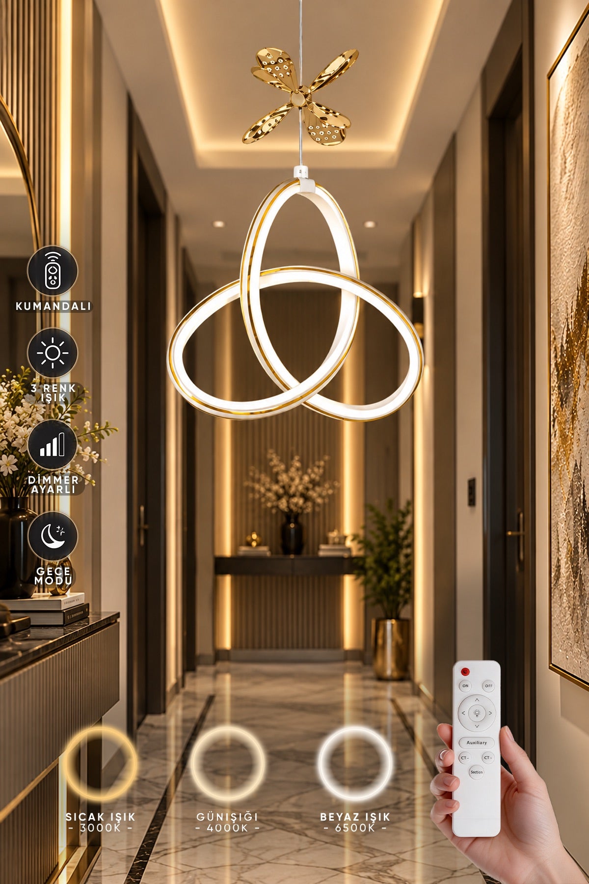Yonca beyaz Kumandalı 3 Renk Dimmerli LED Gold Çizgili Gold Kelebek Detaylı Sarkıt Avize